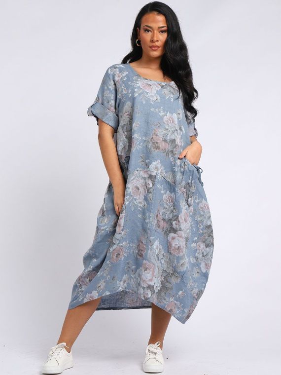 Made In Italy Wholesale Plus Size Linen Floral Print Lagenlook Dresses