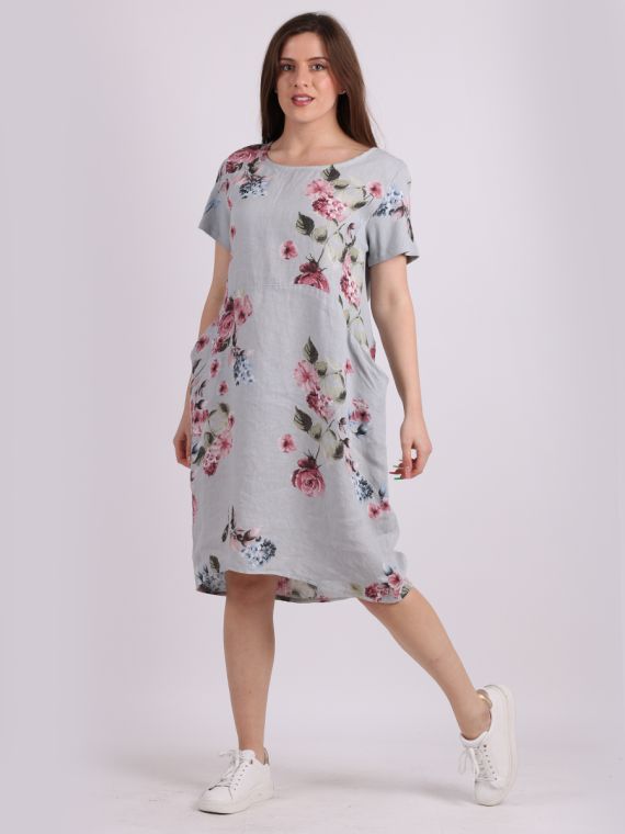 New Ladies Floral Italian Lagenlook Panel Insert Scoop Neck Pocket Linen  Dress