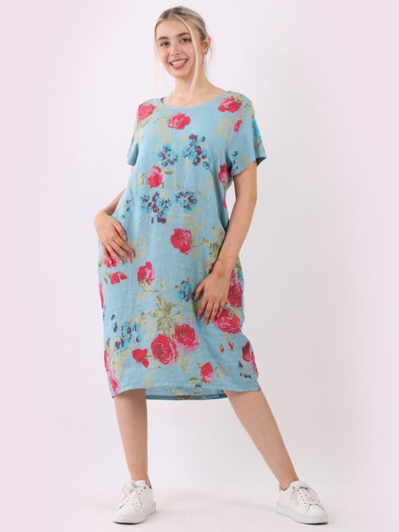 Wholesale Made In Italy Side Ribbed Linen Lagenlook Floral Dress
