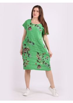 Wholesale Italian Cap Sleeves Side Ribbed Sides Pocket Floral Lagenlook  Linen Dress