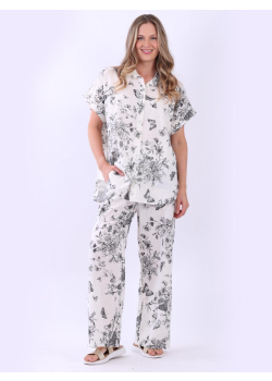 Italian Butterfly And Bloom Print Lagenlook Linen Women Shirt