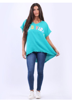 Italian Good Vibes Slogan V-Neck Cotton Lagenlook T-Shirt