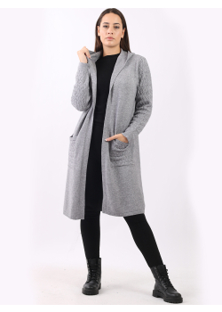 Italian Plain Cable Knit Sleeves And Pockets Open Front Hooded Cardigan