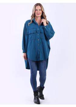 Italian Plain Corduroy Cotton Dipped Hem Baggy Shirt Dress