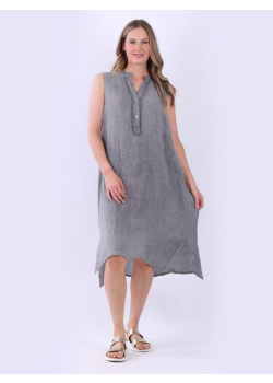 Italian Plain Sleeveless Front Lace Placket Linen Lagenlook Shift Dress