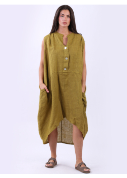 Italian Sleeveless Oversized Linen Collarless Dress