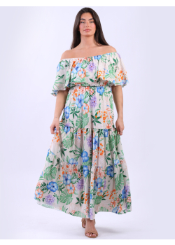 Italian Tropical Print Bardot Ruffle Trim Summer Dress