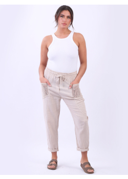 Made In Italy Mesh Net Pockets Linen Slouch Trouser