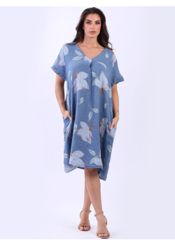 Plus Size Floral Print Lagenlook Linen Dress