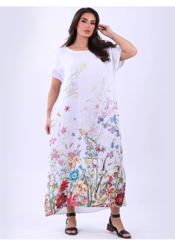 Plus Size Garden Print Lagenlook Linen Slouch Dress
