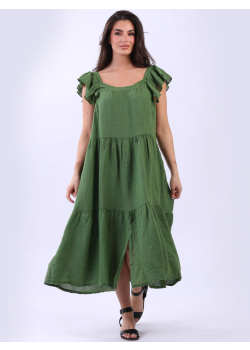 Plus Size Ruffle Trim Tiered Linen Maxi Swing Dress